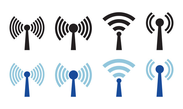 Transmitter tower with radio waves and wireless signal symbol collection in flat vector style.