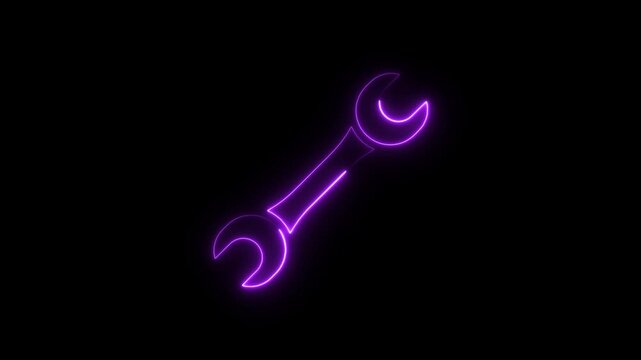 Purple neon wrench icon on black background spanner