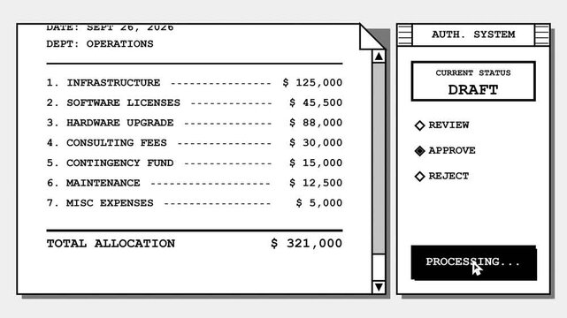 Retro Computer Interface Displaying Budget Authorization Process