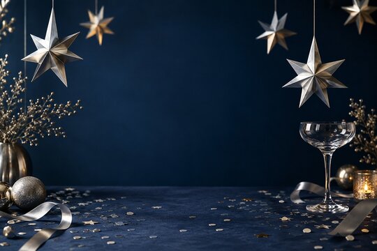 Silver paper stars above a midnight blue celebration table
