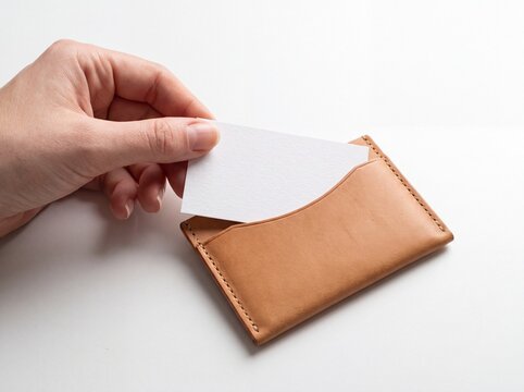 Hand holding blank business card and brown leather wallet mockup