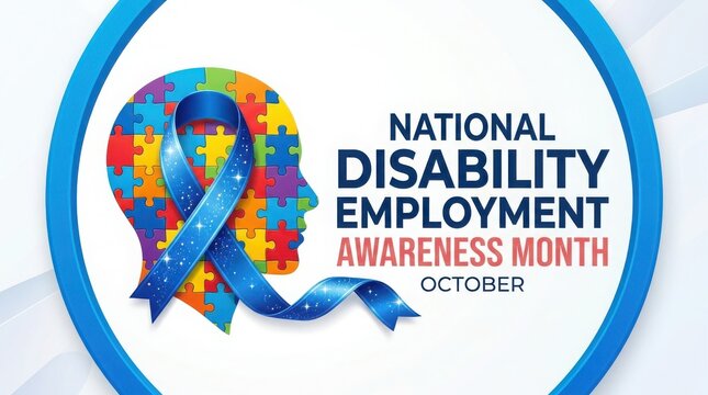 National disability employment awareness month concept with puzzle head and blue ribbon