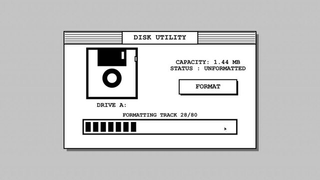 Retro Computer Disk Utility Interface Formatting Floppy Disk Animation