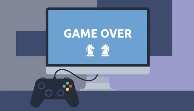 Computer screen displaying game over text with chess knight icons next to a modern gaming console controller.