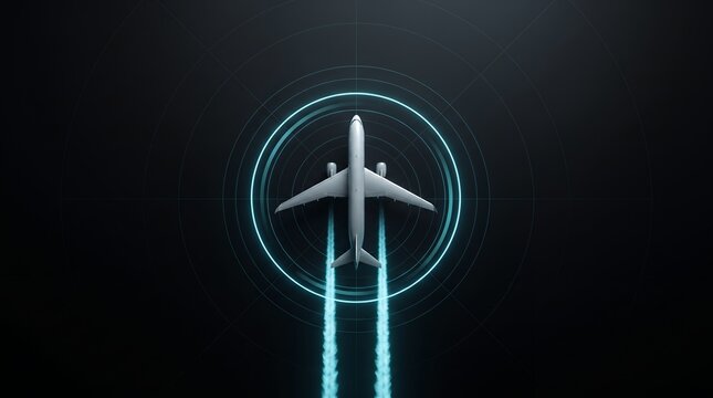A futuristic airplane flies through a high-tech digital tracking system with glowing concentric circles and blue contrails in the night sky