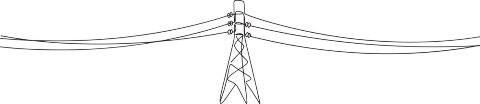 Power line in continuous line art drawing style. Abstract tower with overhead cables for electrical energy transmission black linear design isolated. one line art icon drawing