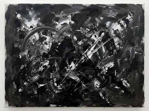 Monochrome abstract expressionist painting with heavy impasto texture and swirling black and white oil paint brushstrokes transparent