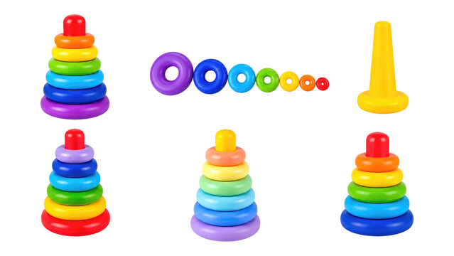 Bright plastic stacking ring toys and cones in rainbow colors arranged from multiple angles on a transparent background for toddler play and early learning