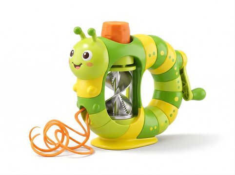 Green caterpillar shaped vegetable spiralizer kitchen tool on white background with cartoon style caterpillar kitchen gadget