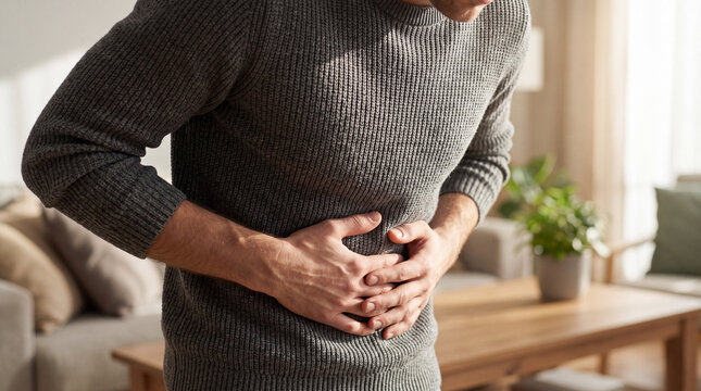 Man holding his stomach in pain wearing a grey sweater indoors