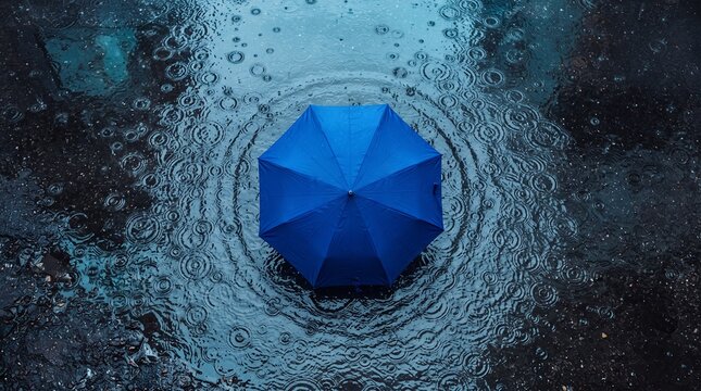 A bright blue umbrella creates ripples in a puddle of rainwater on a reflective surface during a rainy day