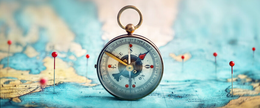 Magnetic old compass on world map. Travel, geography, navigation, tourism and exploration concept wide background. Macro photo. Very shallow focus.