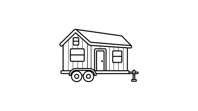 Black outline icon of a tiny house on wheels for mobile living use.