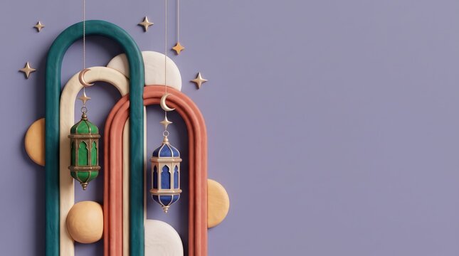 Colorful hanging lanterns with crescent moons and stars decoration