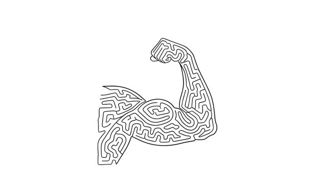 Creative fitness illustration showing a flexing arm bicep in a complex black and white maze pattern design.