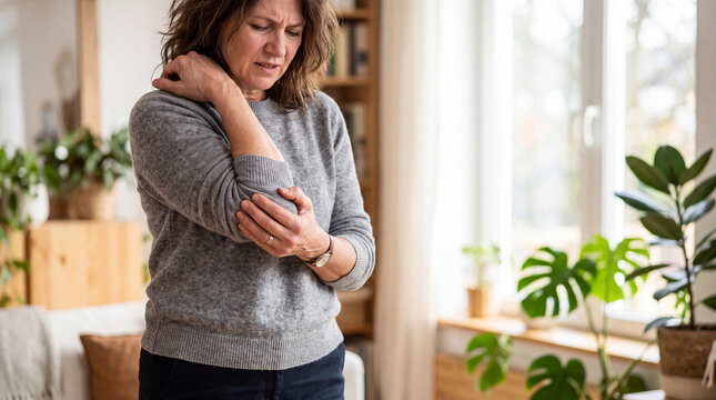 Middle aged woman touching painful elbow in home interior