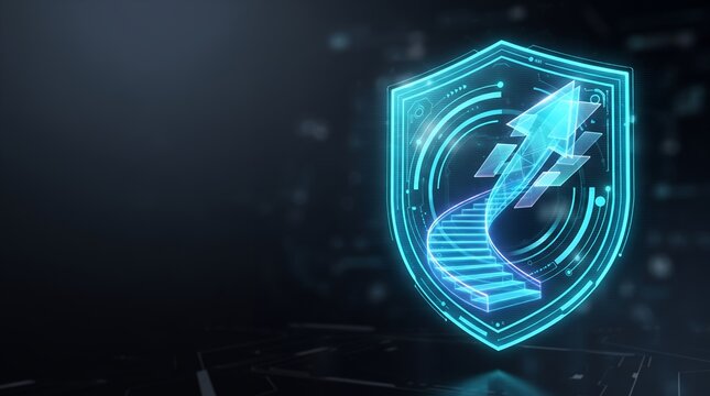 A futuristic digital shield with a glowing cybersecurity symbol and lightning bolt design floating in a high-tech environment