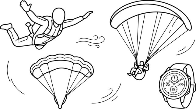 Skydiving vector line art set with skydiver parachute paragliding altimeter watch and extreme sports doodle elements isolated