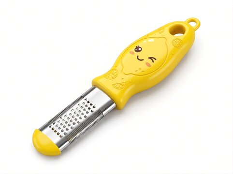 Yellow lemon shaped kitchen zester with cute kawaii face with design white background preparation decorative with minimalist