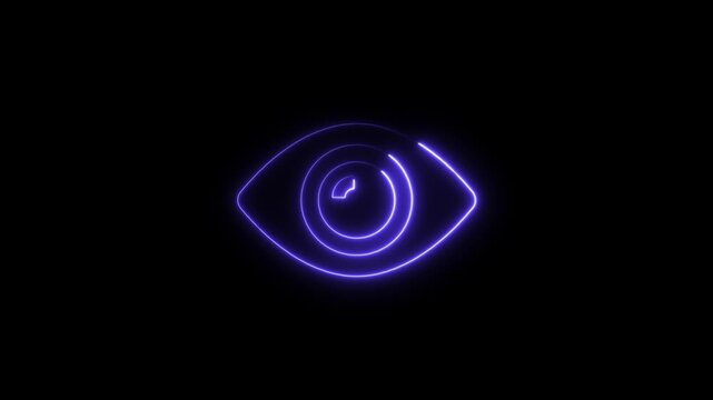 Purple neon eye icon with glowing concentric circles on black