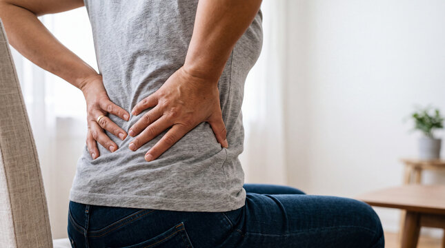 Woman sitting on chair holding lower back experiencing severe pain