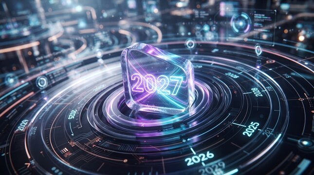 A futuristic digital display highlights the year 2027 with a glowing crystal cube surrounded by circular timelines and tech elements