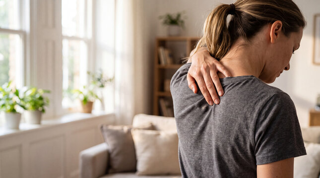 Woman suffering from neck and upper back pain at home