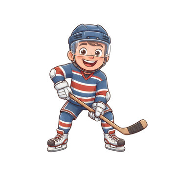 Cartoon hockey player celebrating with stick in hands