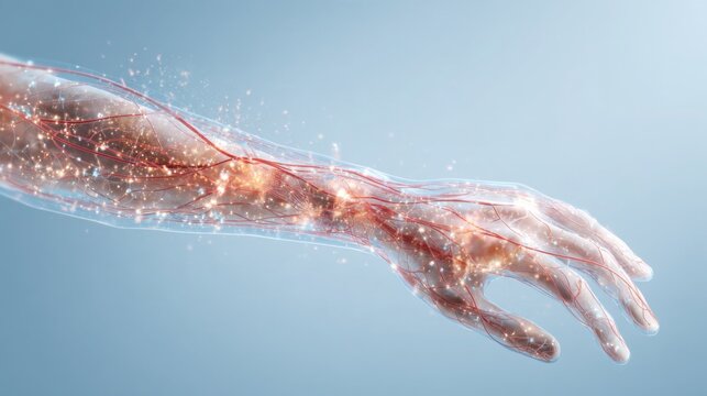 realistic medical conceptual visualization of a human hand and forearm with translucent skin, tiny glowing glucose particles circulating through