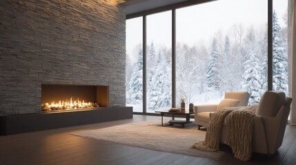 Naklejka premium sophisticated winter living room with a minimalist stone fireplace as the visual focal point, warm fire glowing softly, cream armchair with wool