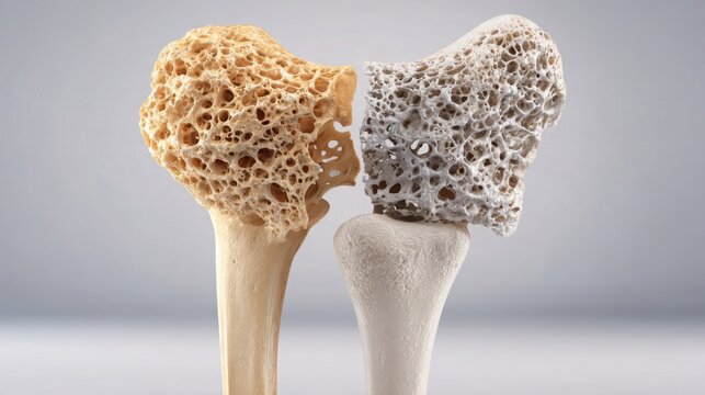 sophisticated medical visualization of a human hip joint and upper femur, one side showing healthy dense bone texture and the other side