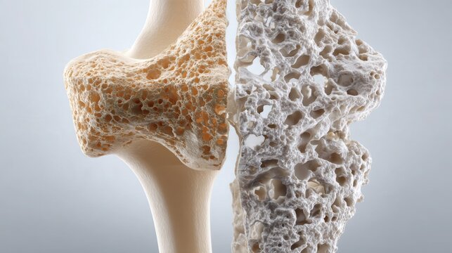 sophisticated medical visualization of a human hip joint and upper femur, one side showing healthy dense bone texture and the other side