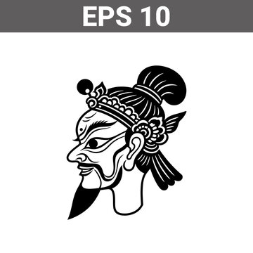 Black and white traditional Balinese wayang kulit puppet character head illustration.