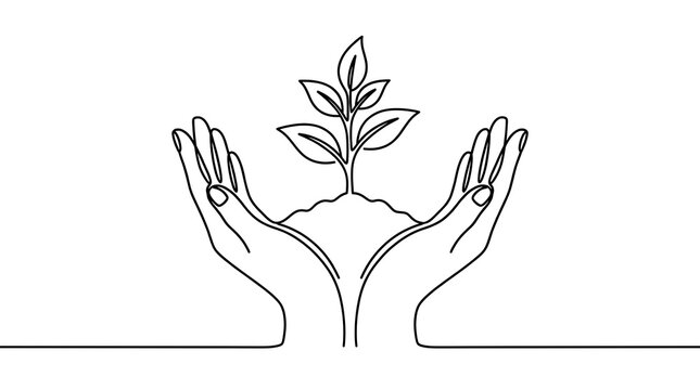 Single line art drawing of cupped hands protecting a small plant seedling growing in soil on white background with minimalist