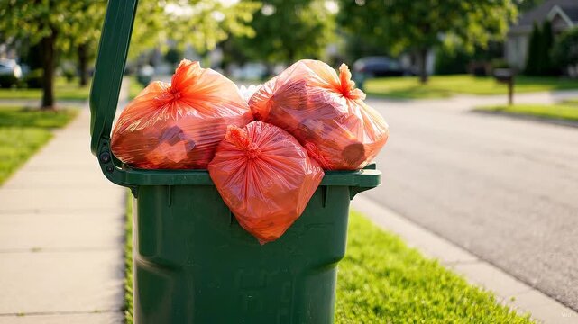 Residential trash bin overflowing with red plastic garbage bags on suburban street