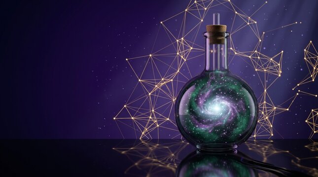 Glass bottle containing a swirling cosmic galaxy on purple background