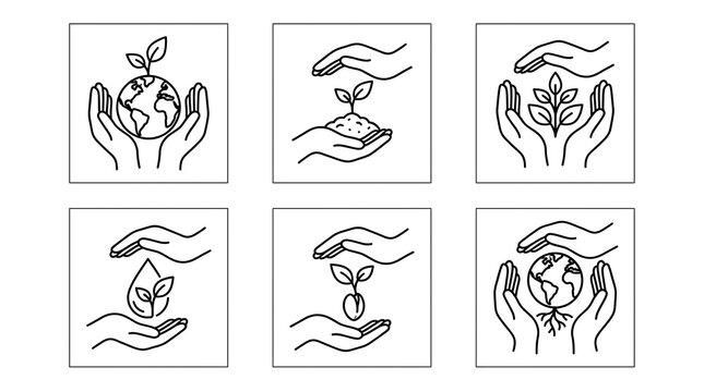Set of environmental protection concept icons depicting hands protecting the planet and small plants with environment