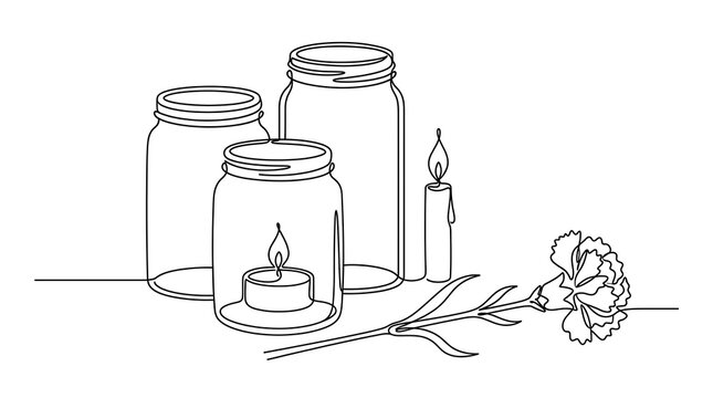 Black and white line drawing of glass mason jars with a candle and a single carnation flower carnation illustration minimalist