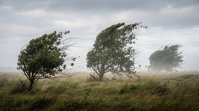 Three windswept trees bending under a dramatic stormy sky in a vast grassy field. Powerful wind blowing through green meadows during bad autumn weather in a bleak landscape.