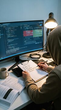 Software developer reviewing code on computer screen with a manual checklist while working at a desk in a modern office environment. The programmer checks off tasks on a paper list.