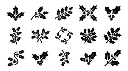 Fototapeta premium Black and White Holiday Holly Leaf Designs with Berries Transparent Background Vector Illustrations