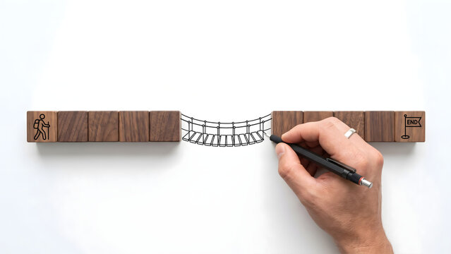 Architectural sketch of a bridge structure drawn by hand between two wooden blocks on a white background