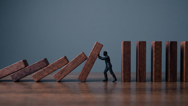 A small figure prevents a domino from falling, symbolizing proactive crisis management, strategic intervention, and the crucial act of stopping a chain reaction for stability