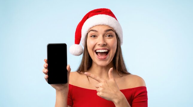 Cheerful young woman wearing a santa hat presenting a blank smartphone screen with a joyful expression