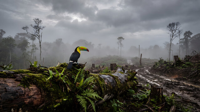 Toucan perching on fallen mossy log amid misty deforested tropical rainforest