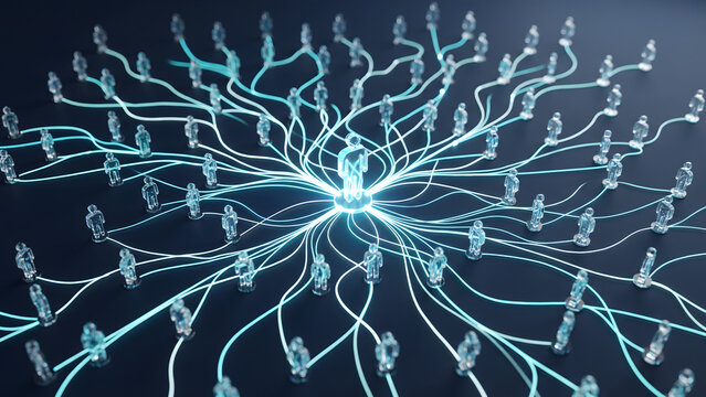 Abstract 3D illustration of a central human figure connected to a vast network of glowing glowing social media users and digital connections