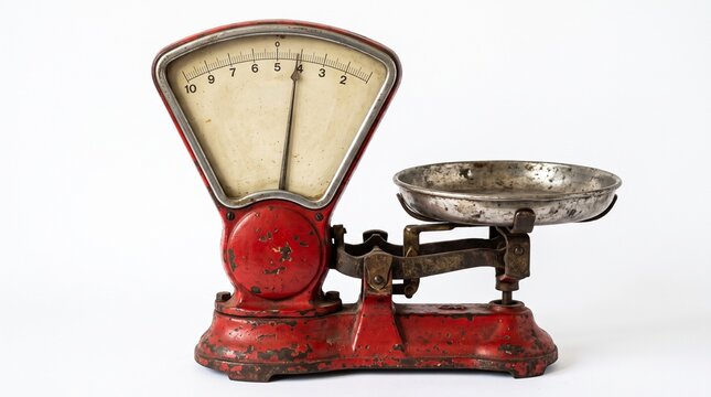 Vintage mechanical red weighing scale with measuring dial standing isolated on white background