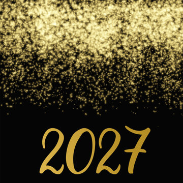 2027 calligraphy hand lettering on shiny gold sparkles background. New Year typography poster. Vector template for banner, sign, greeting card, invitation, etc.