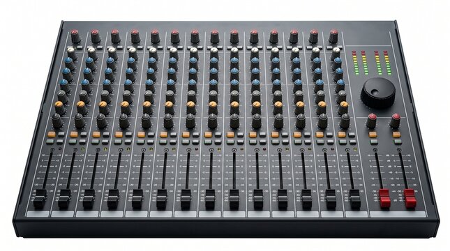 Professional multitrack audio mixing console with numerous knobs and sliding faders on white background