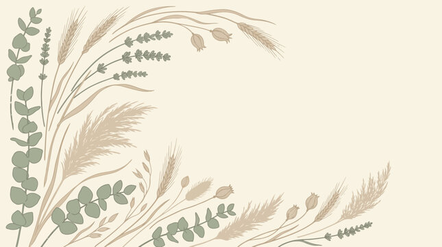 Elegant Botanical Corner Frame with Dried Grasses and Eucalyptus on Neutral Beige